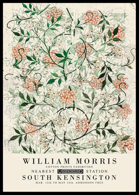 Tätt, stiliserat mönster med slingrande jasminrankor, vita blommor och små gröna blad mot olivgrön bakgrund-12