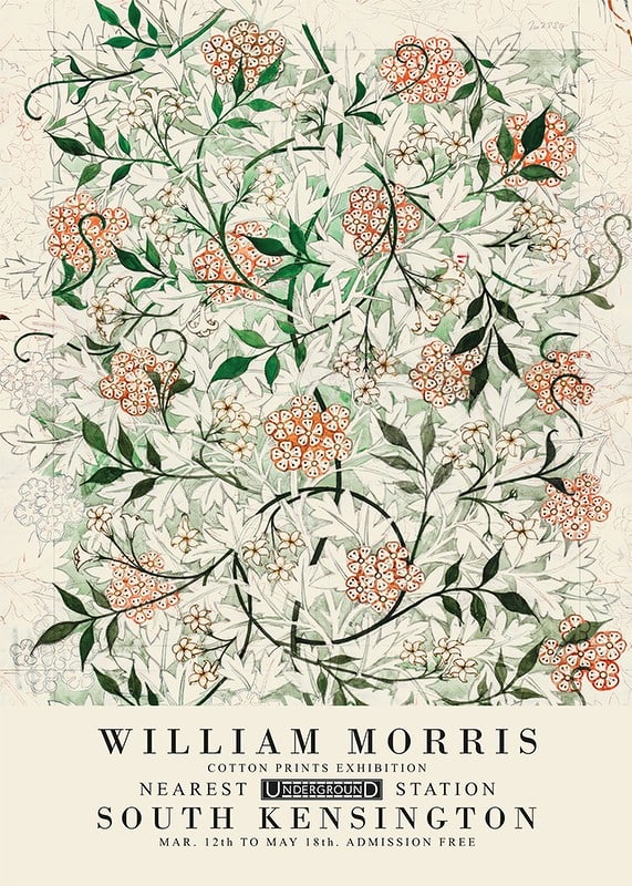 Dense, stylized pattern with winding jasmine vines, white flowers and small green leaves against an olive green background-12