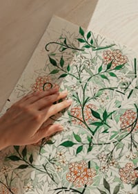 Dense, stylized pattern with winding jasmine vines, white flowers and small green leaves against an olive green background-3