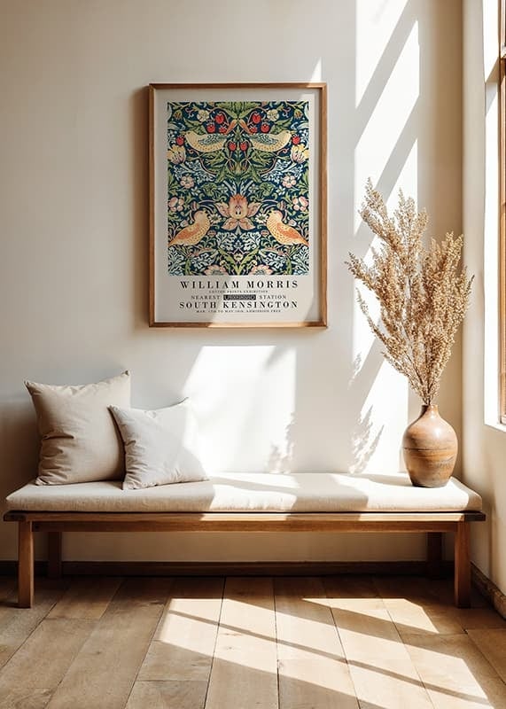 Symmetrical pattern with thrushes picking red strawberries among dense blue leaves and flowers-12