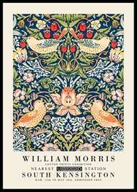 Symmetrical pattern with thrushes picking red strawberries among dense blue leaves and flowers-0