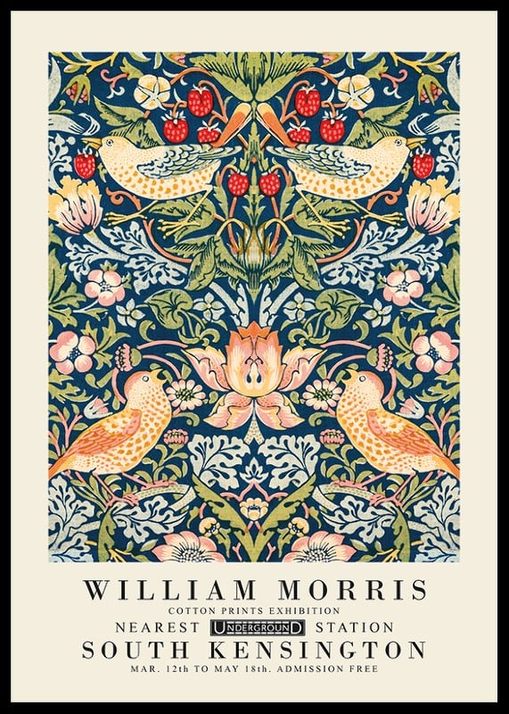 Symmetrical pattern with thrushes picking red strawberries among dense blue leaves and flowers-12