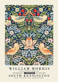 Symmetrical pattern with thrushes picking red strawberries among dense blue leaves and flowers-1