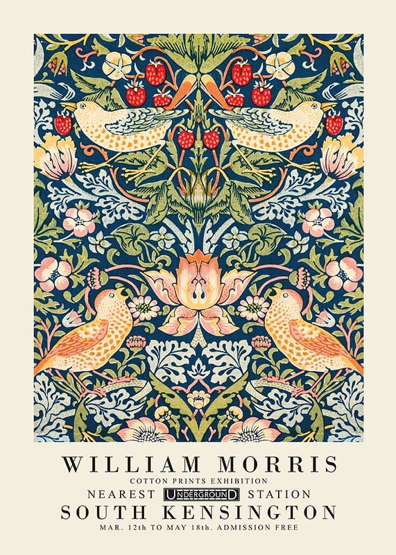 Symmetrical pattern with thrushes picking red strawberries among dense blue leaves and flowers-12