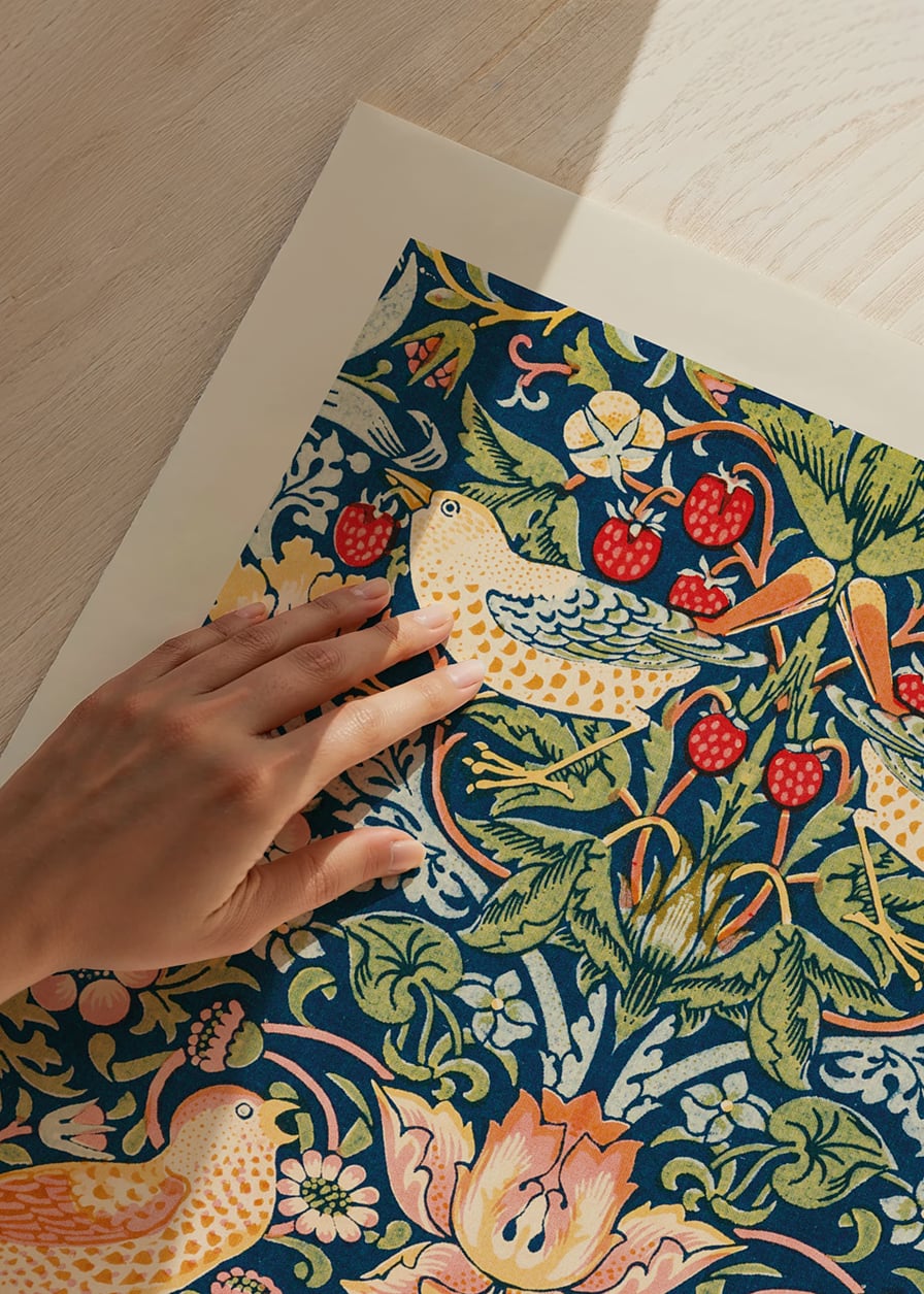 Symmetrical pattern with thrushes picking red strawberries among dense blue leaves and flowers-12