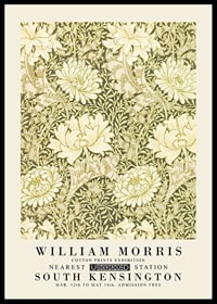 Dichtes grafisches Muster mit stilisierten Chrysanthemenblüten und gewellten Blättern in hellen Beige- und Gelbgrüntönen vor dunklem Hintergrund-0