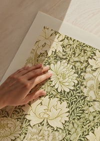 Dichtes grafisches Muster mit stilisierten Chrysanthemenblüten und gewellten Blättern in hellen Beige- und Gelbgrüntönen vor dunklem Hintergrund-3