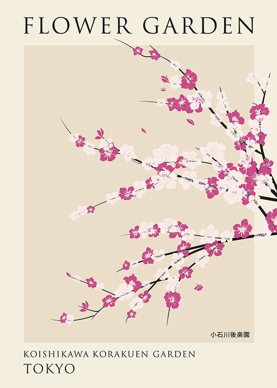 Illustrated cherry blossoms in pink and white on beige background-12
