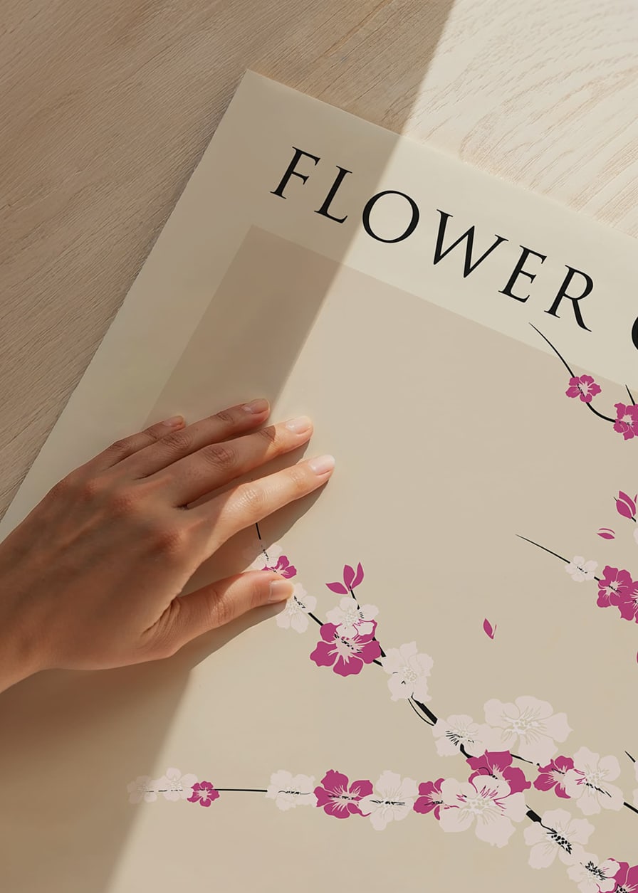 Illustrated cherry blossoms in pink and white on beige background-12