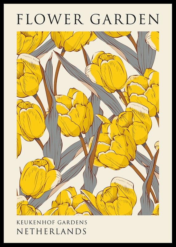 Illustrerade gula tulpaner med grågröna blad på beige bakgrund-12