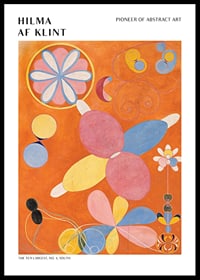 Abstract shapes in blue, pink and yellow on orange background by Hilma af Klint-0