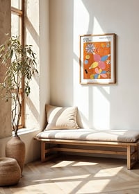 Abstract shapes in blue, pink and yellow on orange background by Hilma af Klint-2