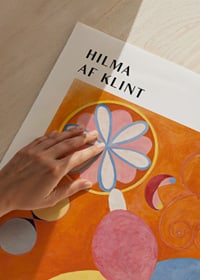 Abstract shapes in blue, pink and yellow on orange background by Hilma af Klint-3