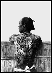 Black and white photograph of Japanese man with back tattoo by Kusakabe Kimbei-6