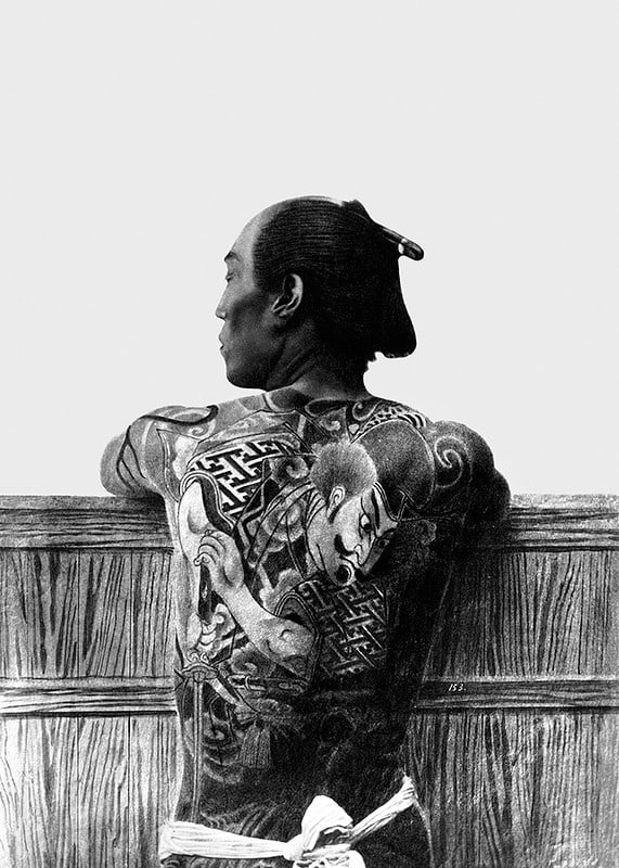 Black and white photograph of Japanese man with back tattoo by Kusakabe Kimbei-12