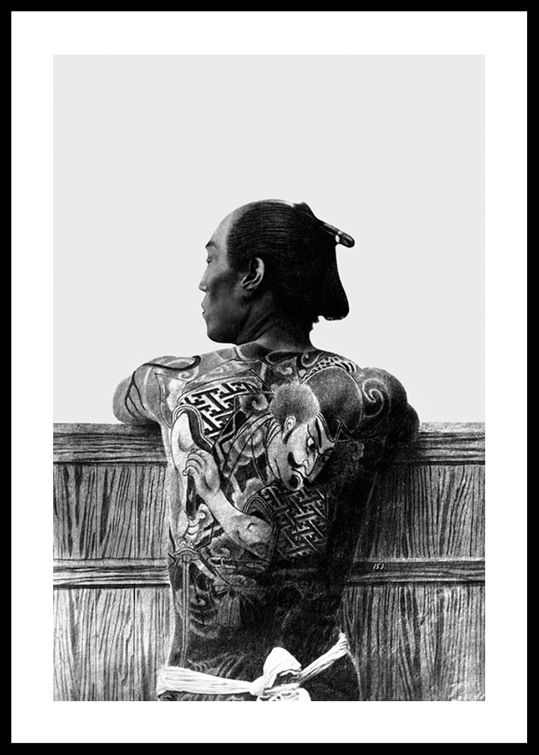 Black and white photograph of Japanese man with back tattoo by Kusakabe Kimbei-12