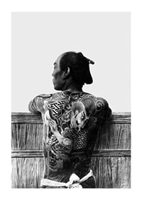 Black and white photograph of Japanese man with back tattoo by Kusakabe Kimbei-1