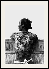 Black and white photograph of Japanese man with back tattoo by Kusakabe Kimbei-2