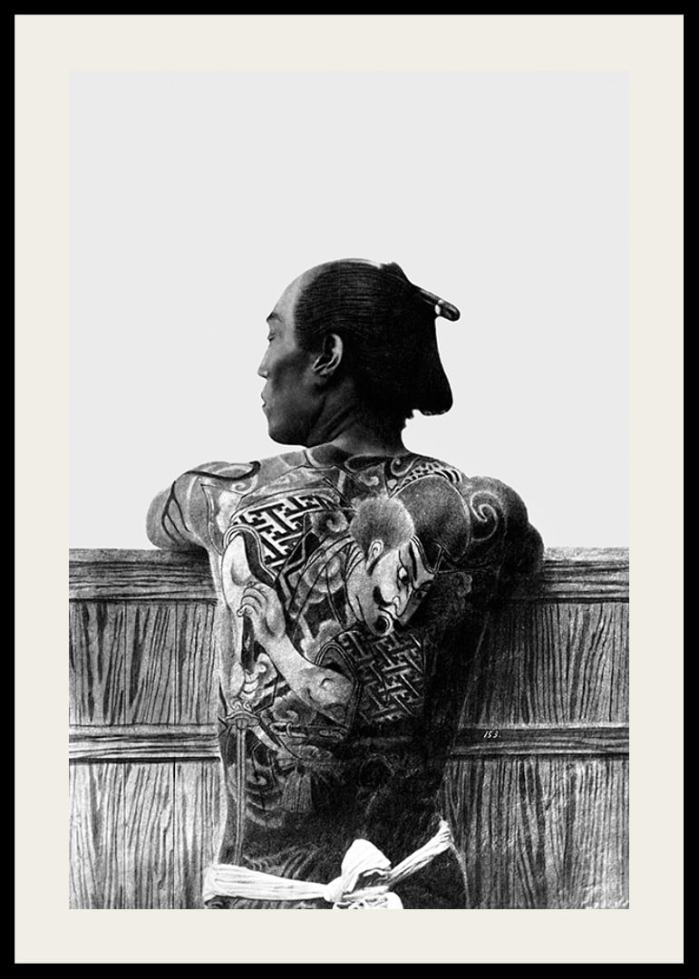 Black and white photograph of Japanese man with back tattoo by Kusakabe Kimbei-12