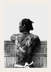 Black and white photograph of Japanese man with back tattoo by Kusakabe Kimbei-3