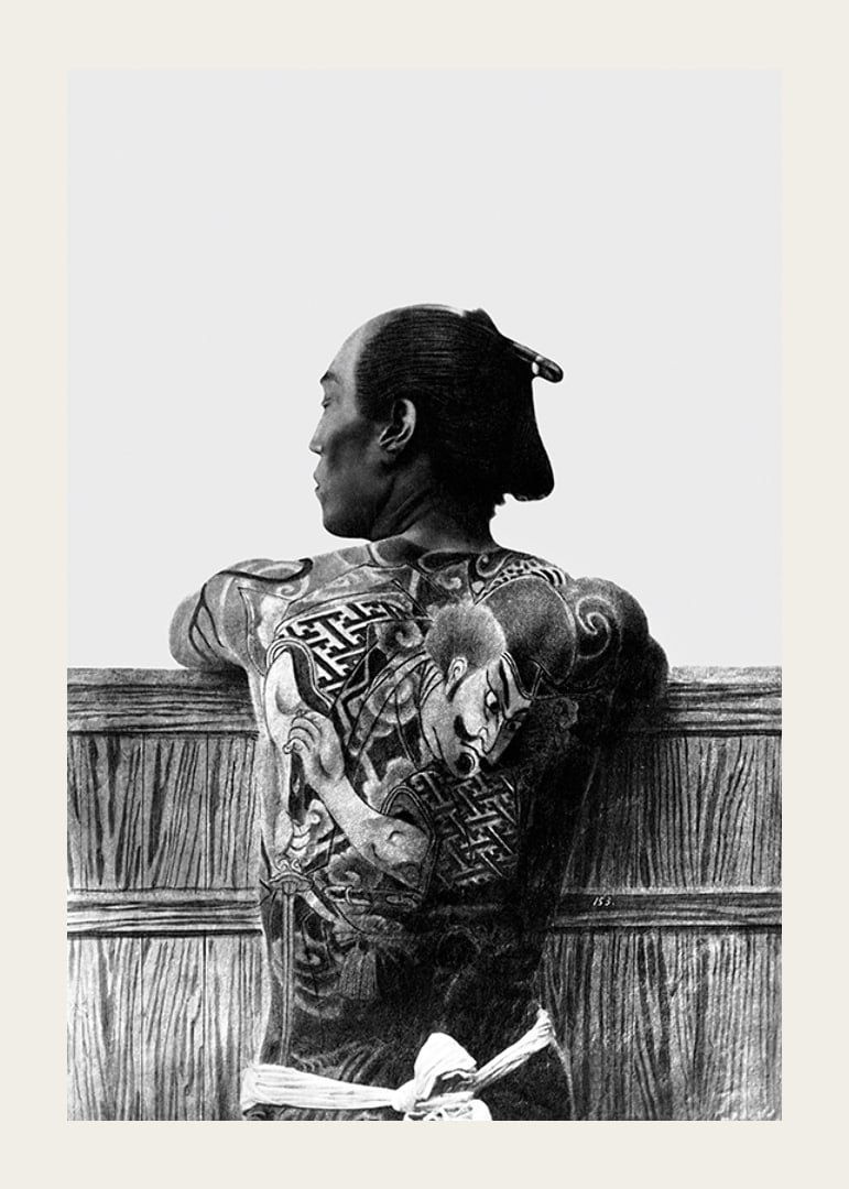Black and white photograph of Japanese man with back tattoo by Kusakabe Kimbei-12