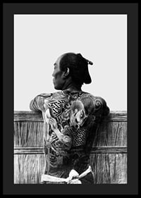 Black and white photograph of Japanese man with back tattoo by Kusakabe Kimbei-4