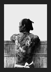 Black and white photograph of Japanese man with back tattoo by Kusakabe Kimbei-5