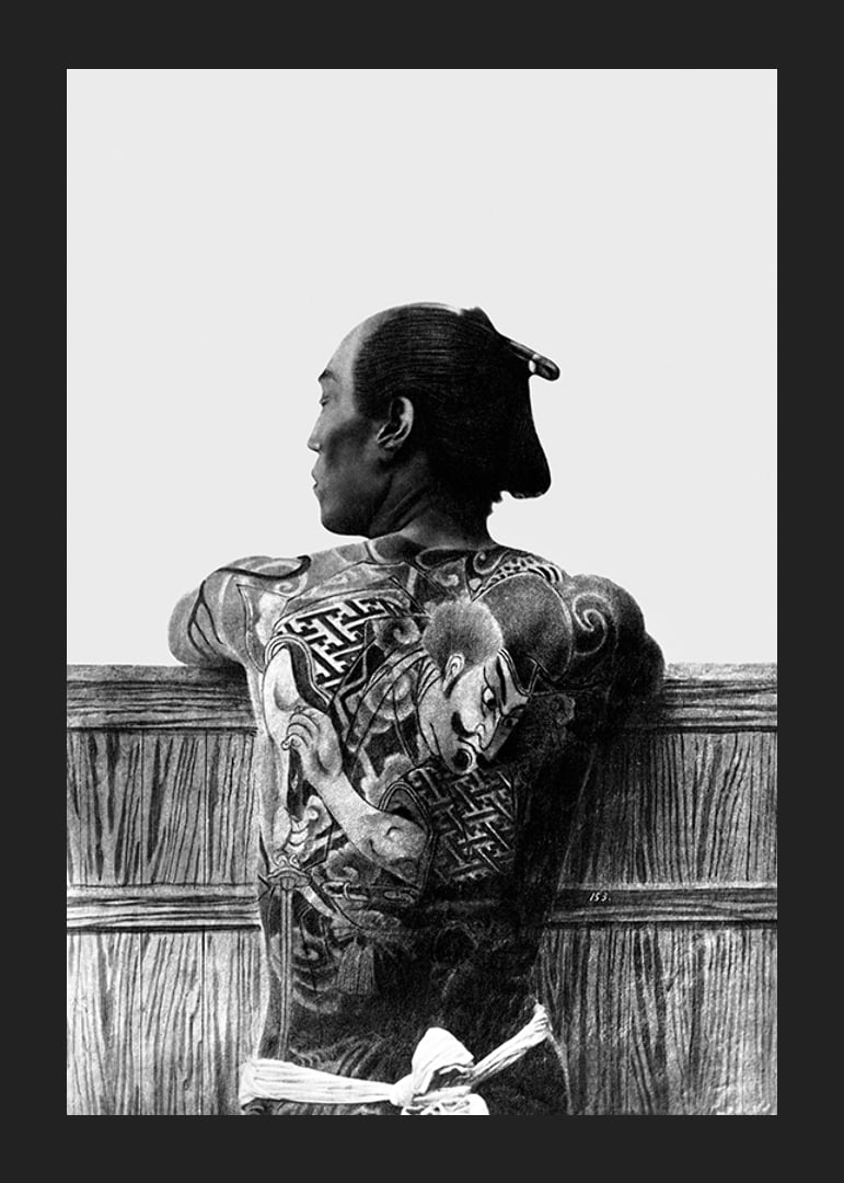 Black and white photograph of Japanese man with back tattoo by Kusakabe Kimbei-12