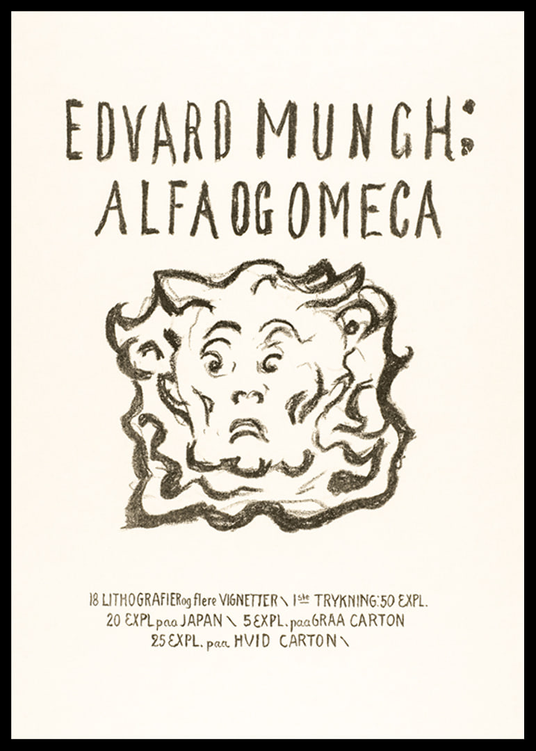 Writing and cartoon face in black on light background by Edvard Munch-12