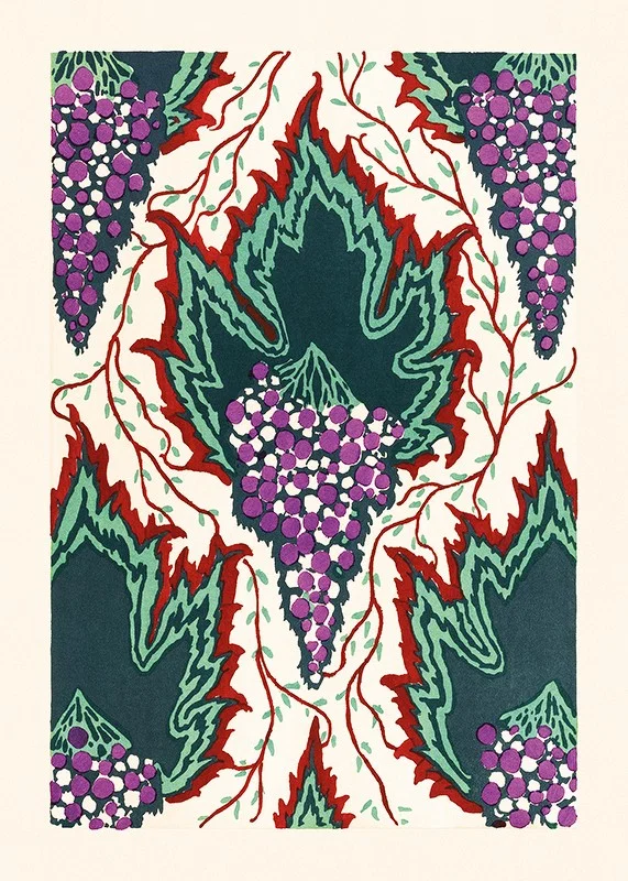 Stylized purple bunches of grapes with green leaves, E. A. Seguy-12