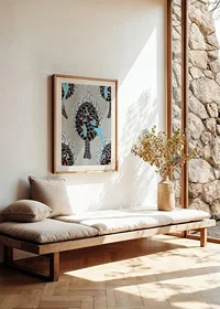 Stylized birds in blue and brown on patterned background by E. A. Seguy-2