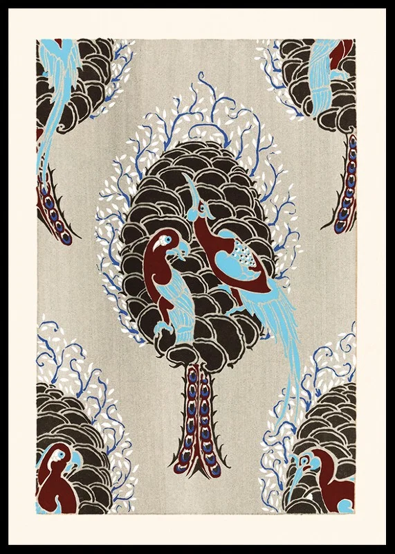 Stylized birds in blue and brown on patterned background by E. A. Seguy-12