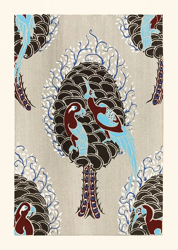 Stylized birds in blue and brown on patterned background by E. A. Seguy-12