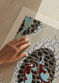 Stylized birds in blue and brown on patterned background by E. A. Seguy-3