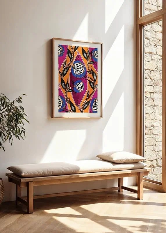 Dekorativt art déco-motiv med blå blommor och svarta blad-12
