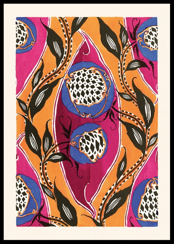 Decorative art deco motif with blue flowers and black leaves-12