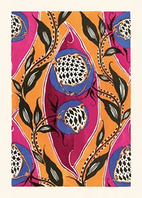Dekorativt art déco-motiv med blå blommor och svarta blad-1
