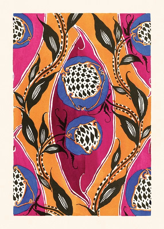 Dekorativt art déco-motiv med blå blommor och svarta blad-12