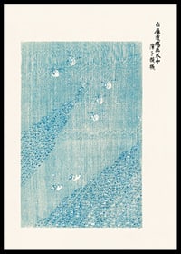 Von japanischen Holzschnitten inspirierte Illustration von weißen Vögeln auf blauem Feld-6