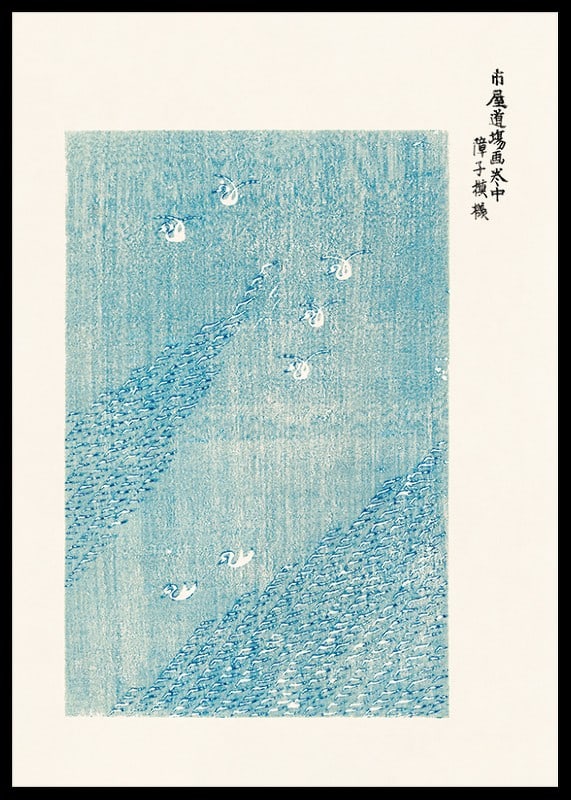 Von japanischen Holzschnitten inspirierte Illustration von weißen Vögeln auf blauem Feld-12
