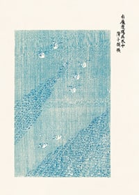 Von japanischen Holzschnitten inspirierte Illustration von weißen Vögeln auf blauem Feld-7