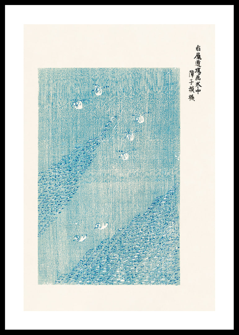 Von japanischen Holzschnitten inspirierte Illustration von weißen Vögeln auf blauem Feld-12
