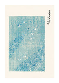 Von japanischen Holzschnitten inspirierte Illustration von weißen Vögeln auf blauem Feld-1
