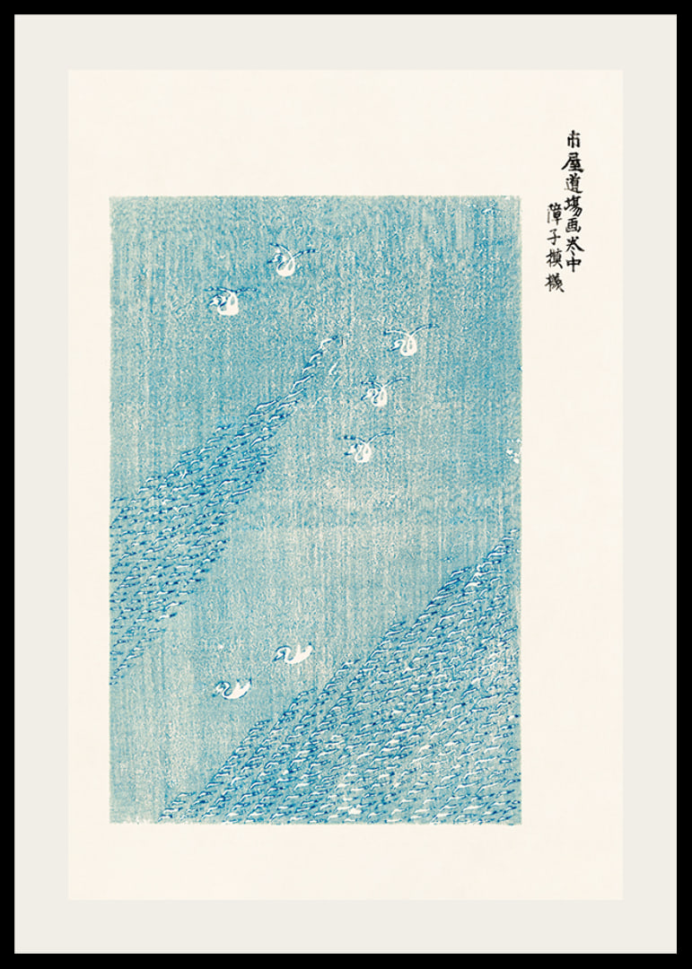 Von japanischen Holzschnitten inspirierte Illustration von weißen Vögeln auf blauem Feld-12
