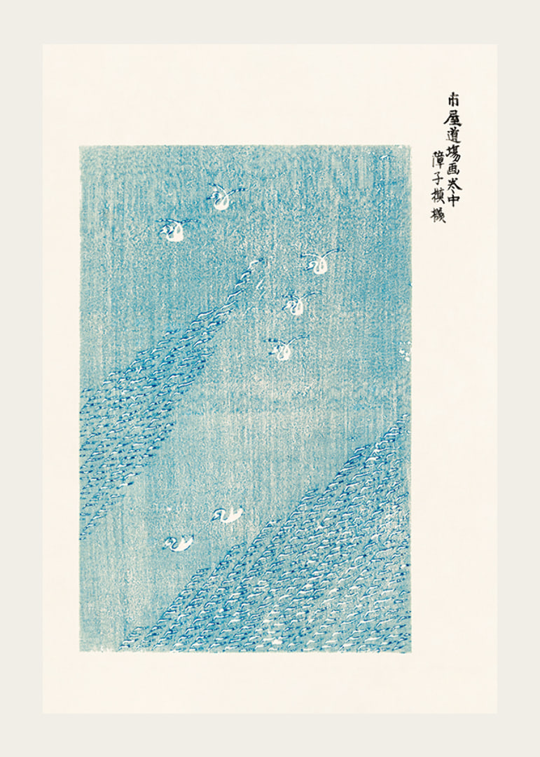 Von japanischen Holzschnitten inspirierte Illustration von weißen Vögeln auf blauem Feld-12