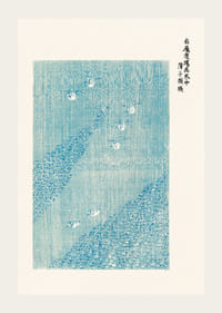 Japansk träsnittsinspirerad illustration av vita fåglar i blå fält-3