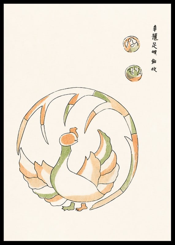 Illustrated rooster in Japanese style with green and orange tones-12