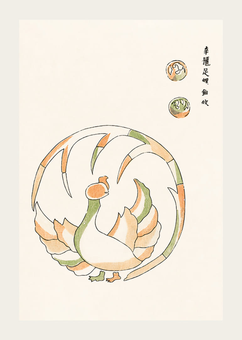 Illustrated rooster in Japanese style with green and orange tones-12