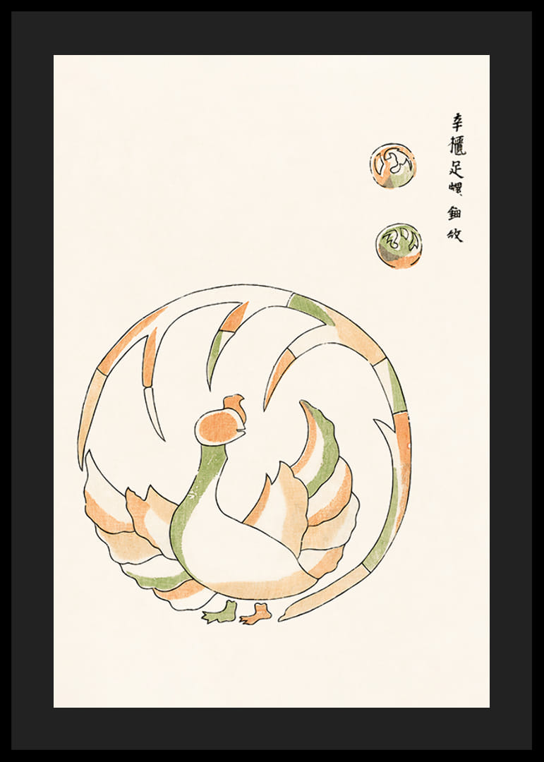 Illustrated rooster in Japanese style with green and orange tones-12