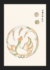 Illustrated rooster in Japanese style with green and orange tones-5
